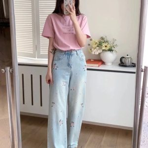 Y2K Floral Wide-Leg Jeans: Cute Pastel Goth & Grunge Aesthetic Vibes