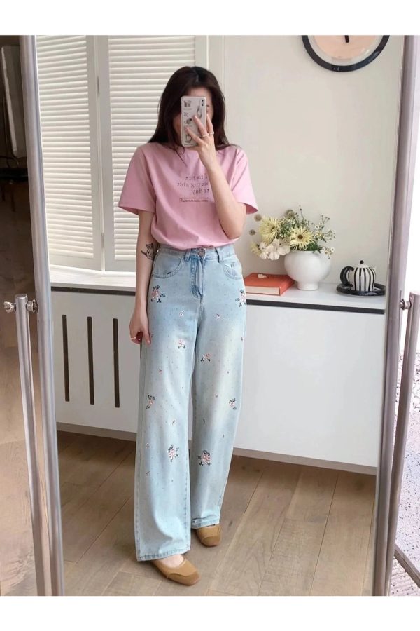 Y2K Floral Wide-Leg Jeans: Cute Pastel Goth & Grunge Aesthetic Vibes