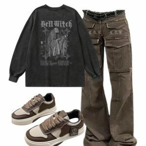 Y2K Grunge Aesthetic: Arctic Edge Cargo Pants & Bell Witch Top Outfit