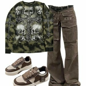 Y2K Grunge Aesthetic Cargo Pants & Gothic Long Sleeve Top Outfit