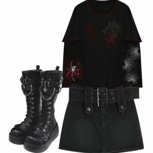 Y2K Grunge Aesthetic: Midnight Rebel Mini Skirt & Gothic Combat Boots Outfit