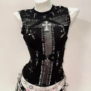 Y2K Grunge Aesthetic Safety Pin Cross Top - Cute & Trendy Outfits