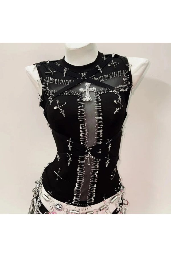 Y2K Grunge Aesthetic Safety Pin Cross Top - Cute & Trendy Outfits