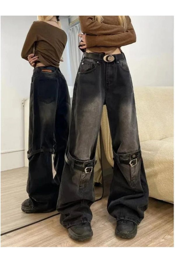 Y2K Grunge Aesthetic Wide-Leg Jeans with Buckle Detail for Trendy Outfits