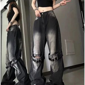 Y2K Grunge Aesthetic Wide-Leg Jeans with Buckle Detail for Trendy Outfits