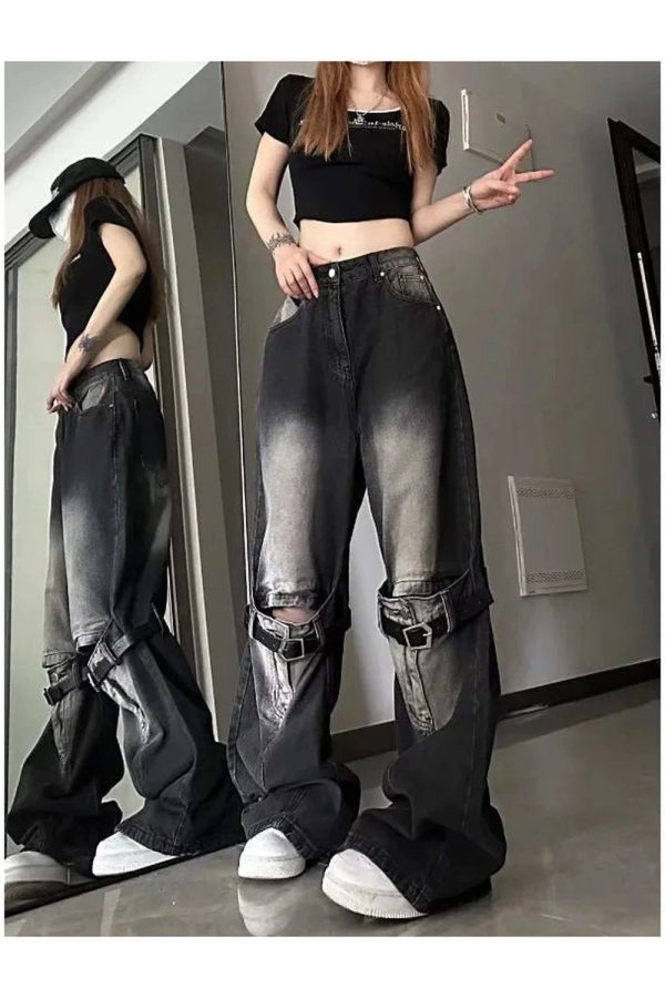 Y2K Grunge Aesthetic Wide-Leg Jeans with Buckle Detail for Trendy Outfits