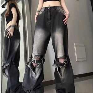 Y2K Grunge Aesthetic Wide-Leg Jeans with Buckle Detail for Trendy Outfits