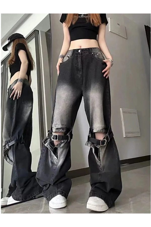 Y2K Grunge Aesthetic Wide-Leg Jeans with Buckle Detail for Trendy Outfits