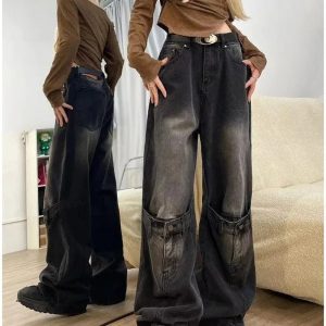 Y2K Grunge Aesthetic Wide-Leg Jeans with Buckle Detail for Trendy Outfits