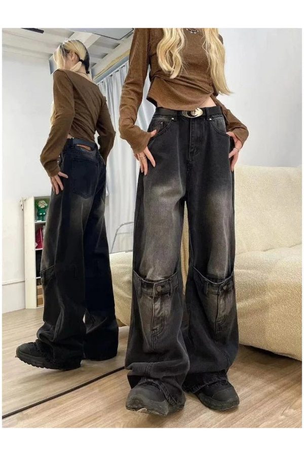 Y2K Grunge Aesthetic Wide-Leg Jeans with Buckle Detail for Trendy Outfits