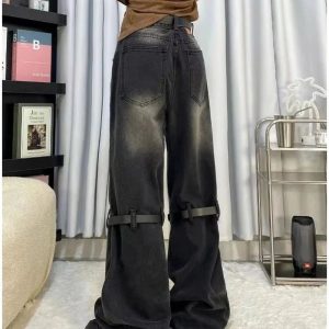 Y2K Grunge Aesthetic Wide-Leg Jeans with Buckle Detail for Trendy Outfits