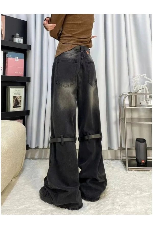 Y2K Grunge Aesthetic Wide-Leg Jeans with Buckle Detail for Trendy Outfits