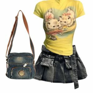 Y2K Grunge Utility Pocket Denim Skirt & Vintage Kitten Top Outfit