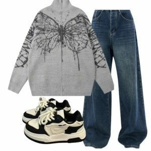 Y2K Outfit: Oversized Dark Wash Jeans, Butterfly Grunge Sweater & Pastel Sneakers