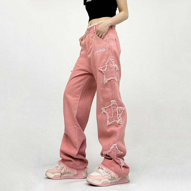 Y2K Pink Star Jeans: Trendy Baggy Y2K Aesthetic for Cute Outfits