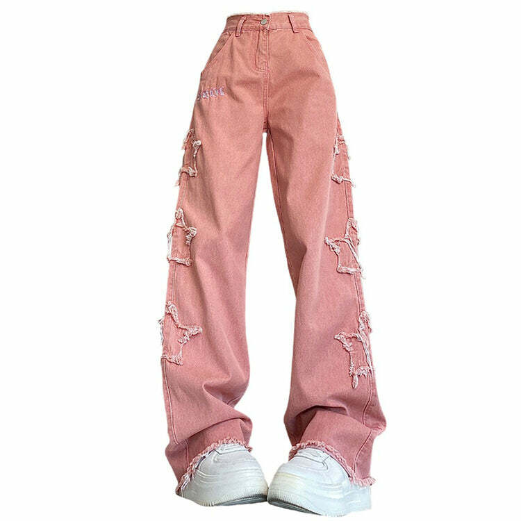 Y2K Pink Star Jeans: Trendy Baggy Y2K Aesthetic for Cute Outfits