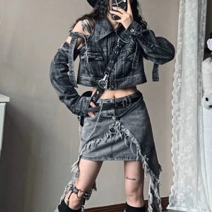 Y2K Shredded Chaos Denim Set: Grunge Aesthetic & Cute Tops Vibes