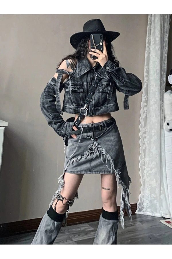 Y2K Shredded Chaos Denim Set: Grunge Aesthetic & Cute Tops Vibes