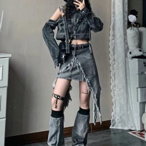 Y2K Shredded Chaos Denim Set: Grunge Aesthetic & Cute Tops Vibes