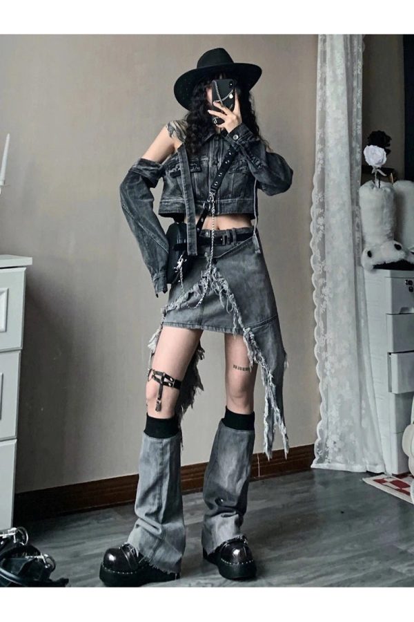 Y2K Shredded Chaos Denim Set: Grunge Aesthetic & Cute Tops Vibes