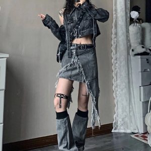 Y2K Shredded Chaos Denim Set: Grunge Aesthetic & Cute Tops Vibes