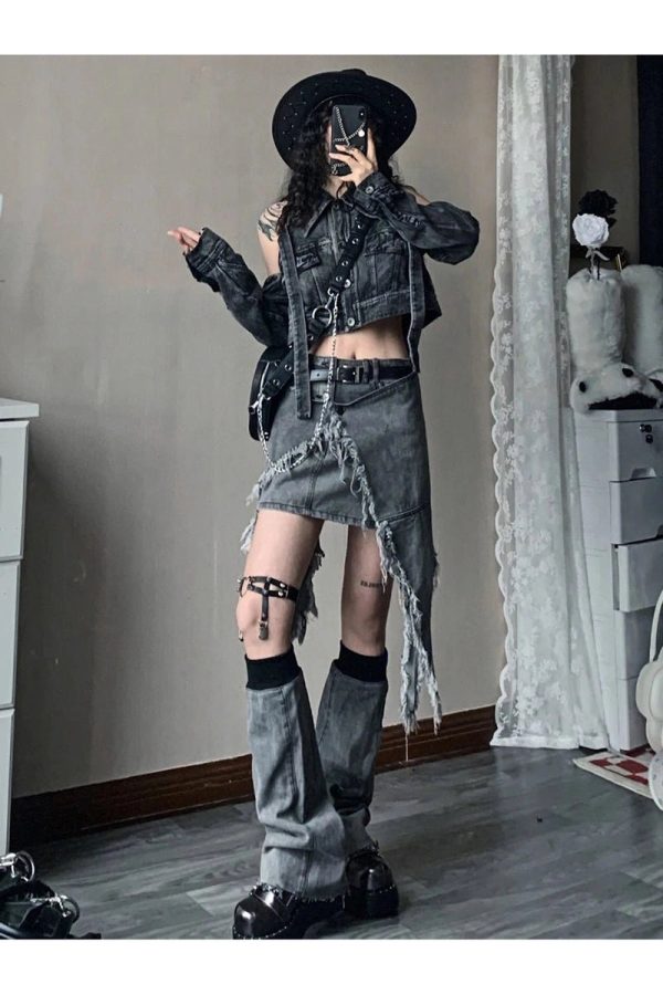 Y2K Shredded Chaos Denim Set: Grunge Aesthetic & Cute Tops Vibes