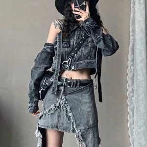 Y2K Shredded Chaos Denim Set: Grunge Aesthetic & Cute Tops Vibes