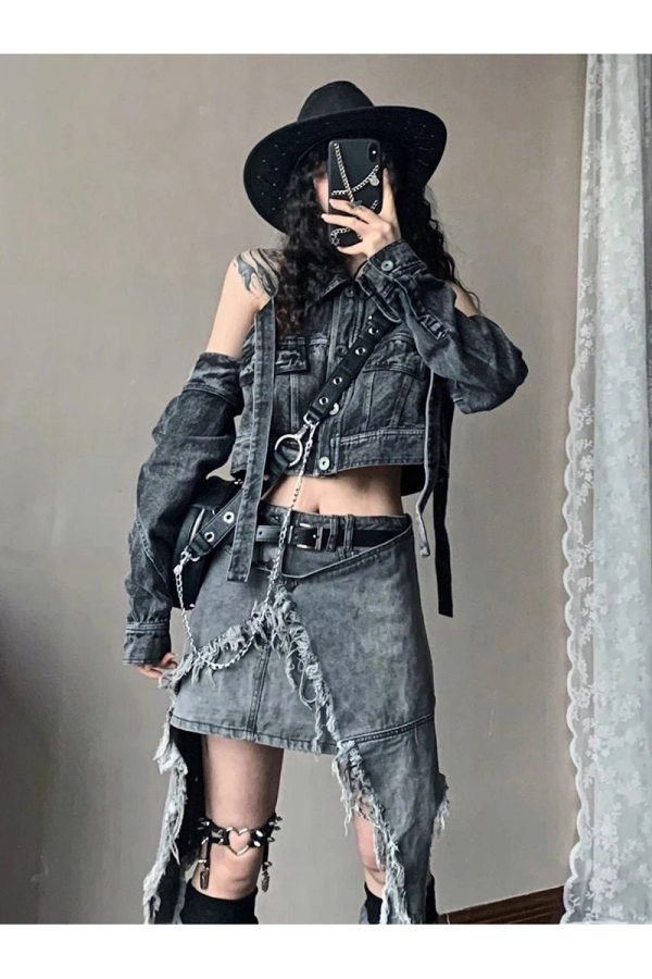 Y2K Shredded Chaos Denim Set: Grunge Aesthetic & Cute Tops Vibes