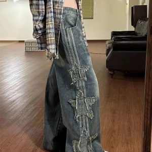 Y2K Shredded Grunge Wide-Leg Jeans for Trendy Aesthetic Outfits