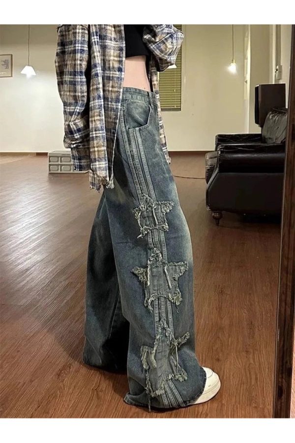 Y2K Shredded Grunge Wide-Leg Jeans for Trendy Aesthetic Outfits