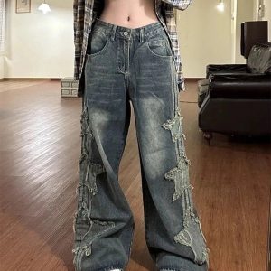 Y2K Shredded Grunge Wide-Leg Jeans for Trendy Aesthetic Outfits