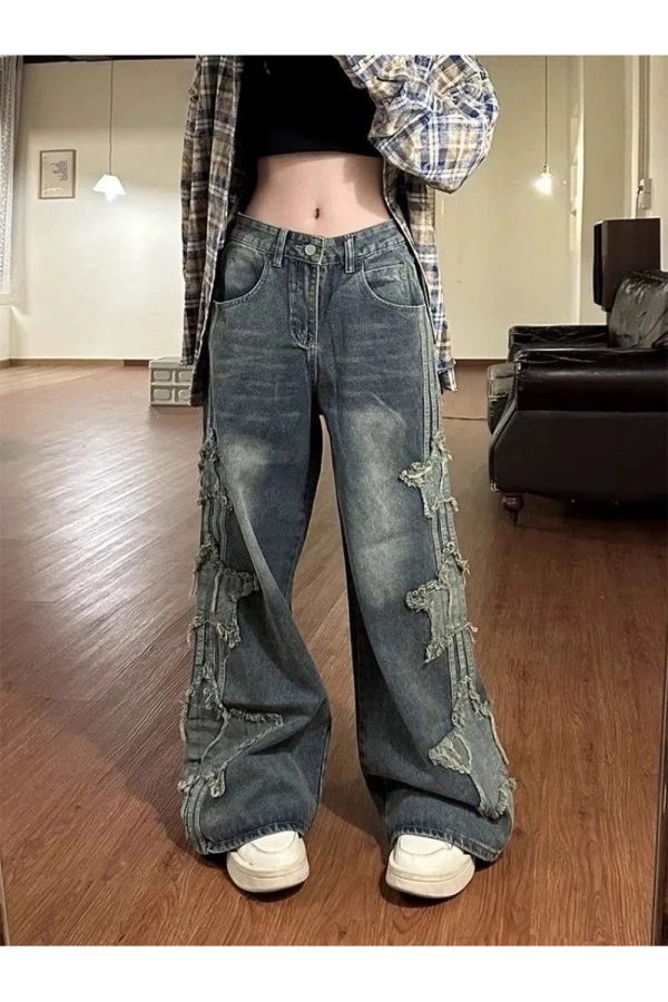 Y2K Shredded Grunge Wide-Leg Jeans for Trendy Aesthetic Outfits