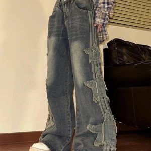 Y2K Shredded Grunge Wide-Leg Jeans for Trendy Aesthetic Outfits