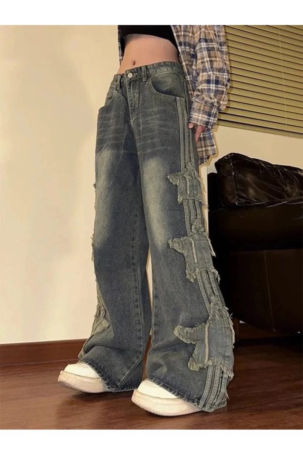 Y2K Shredded Grunge Wide-Leg Jeans for Trendy Aesthetic Outfits