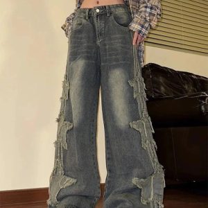 Y2K Shredded Grunge Wide-Leg Jeans for Trendy Aesthetic Outfits