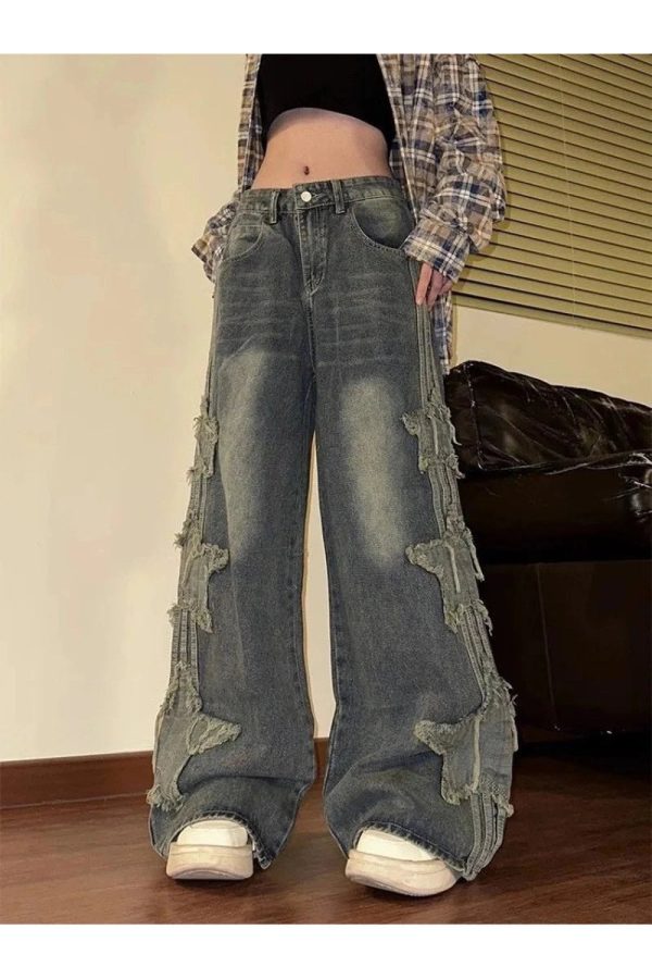 Y2K Shredded Grunge Wide-Leg Jeans for Trendy Aesthetic Outfits