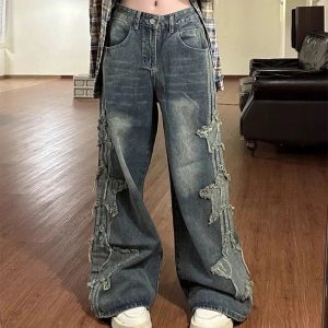 Y2K Shredded Grunge Wide-Leg Jeans for Trendy Aesthetic Outfits