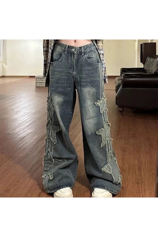 Y2K Shredded Grunge Wide-Leg Jeans for Trendy Aesthetic Outfits