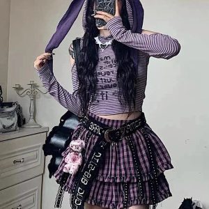 Y2K Striped Cold Shoulder Cropped Hoodie for Coquette & Grunge Aesthetic