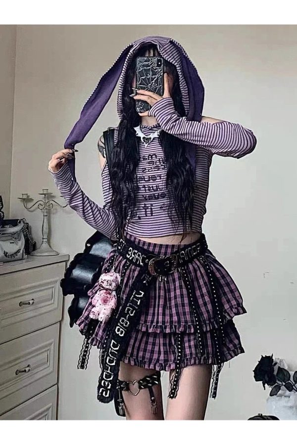 Y2K Striped Cold Shoulder Cropped Hoodie for Coquette & Grunge Aesthetic