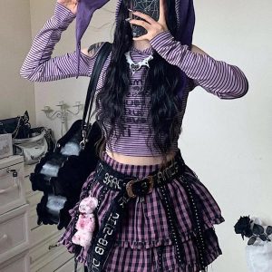 Y2K Striped Cold Shoulder Cropped Hoodie for Coquette & Grunge Aesthetic