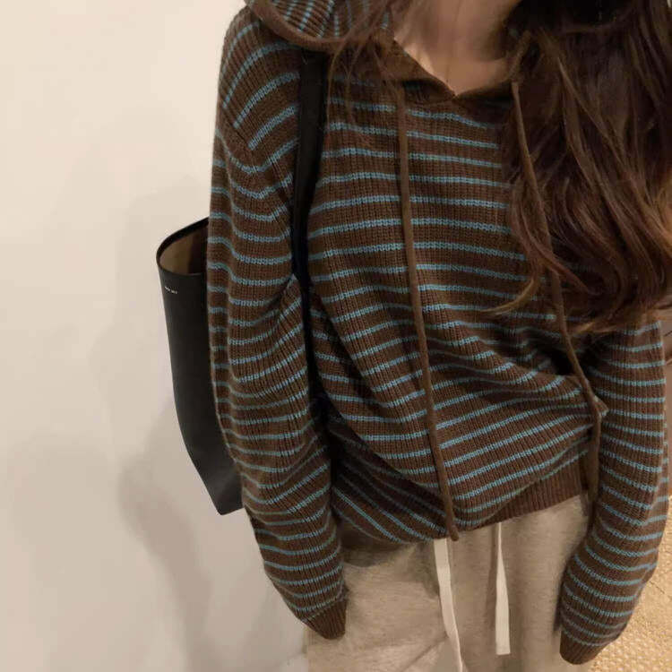 Y2K Striped Knit Hoodie: Cute Coquette & Grunge Aesthetic Top