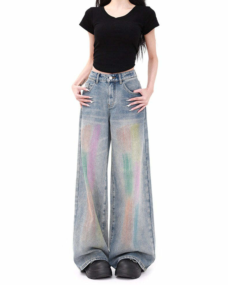 Y2K Vintage Brush Strokes Jeans for Coquette & Grunge Aesthetic Outfits