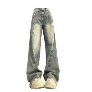 Y2K Vintage Fade Distressed Wide-Leg Jeans for Grunge & Coquette Aesthetic