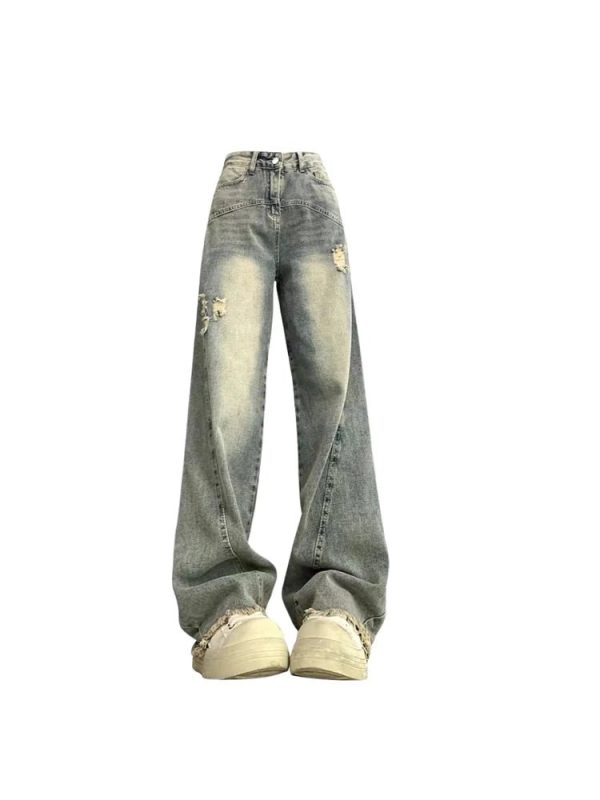 Y2K Vintage Fade Distressed Wide-Leg Jeans for Grunge & Coquette Aesthetic