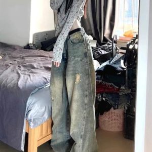 Y2K Vintage Fade Distressed Wide-Leg Jeans for Grunge & Coquette Aesthetic