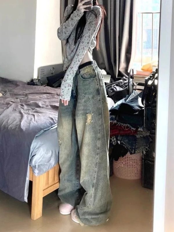 Y2K Vintage Fade Distressed Wide-Leg Jeans for Grunge & Coquette Aesthetic