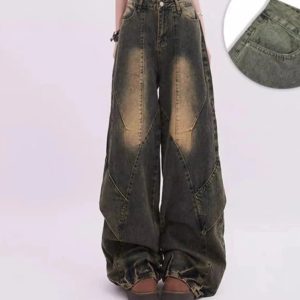 Y2K Vintage Fade Patchwork Jeans for Grunge & Coquette Aesthetic