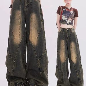 Y2K Vintage Fade Patchwork Jeans for Grunge & Coquette Aesthetic