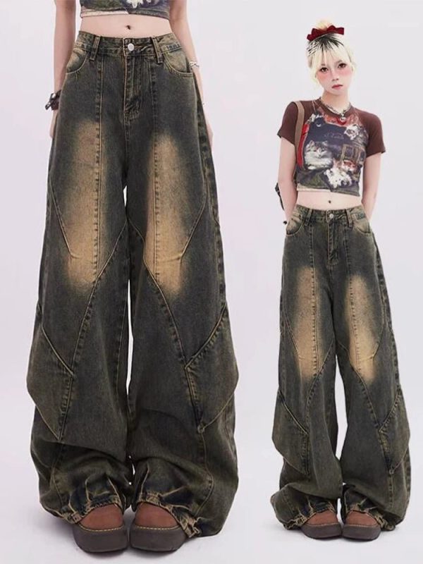 Y2K Vintage Fade Patchwork Jeans for Grunge & Coquette Aesthetic